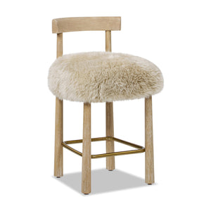 Genuine Fur Counter Height Bar Stool with Brass Footrest - Light Wood