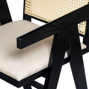 Woven Cane Plastic Backrest Bar Stool Foam Padded Fabric Seat & Durable Rubberwood Frame - Cream Gray