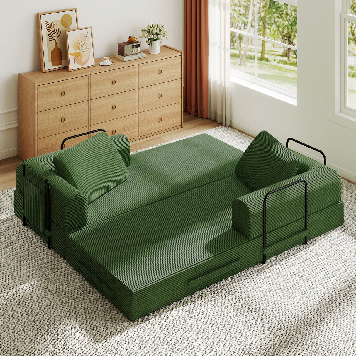 Convertible Sleeper Sofa Bed With Cylindrical Pillow, Fixed Shape Frame