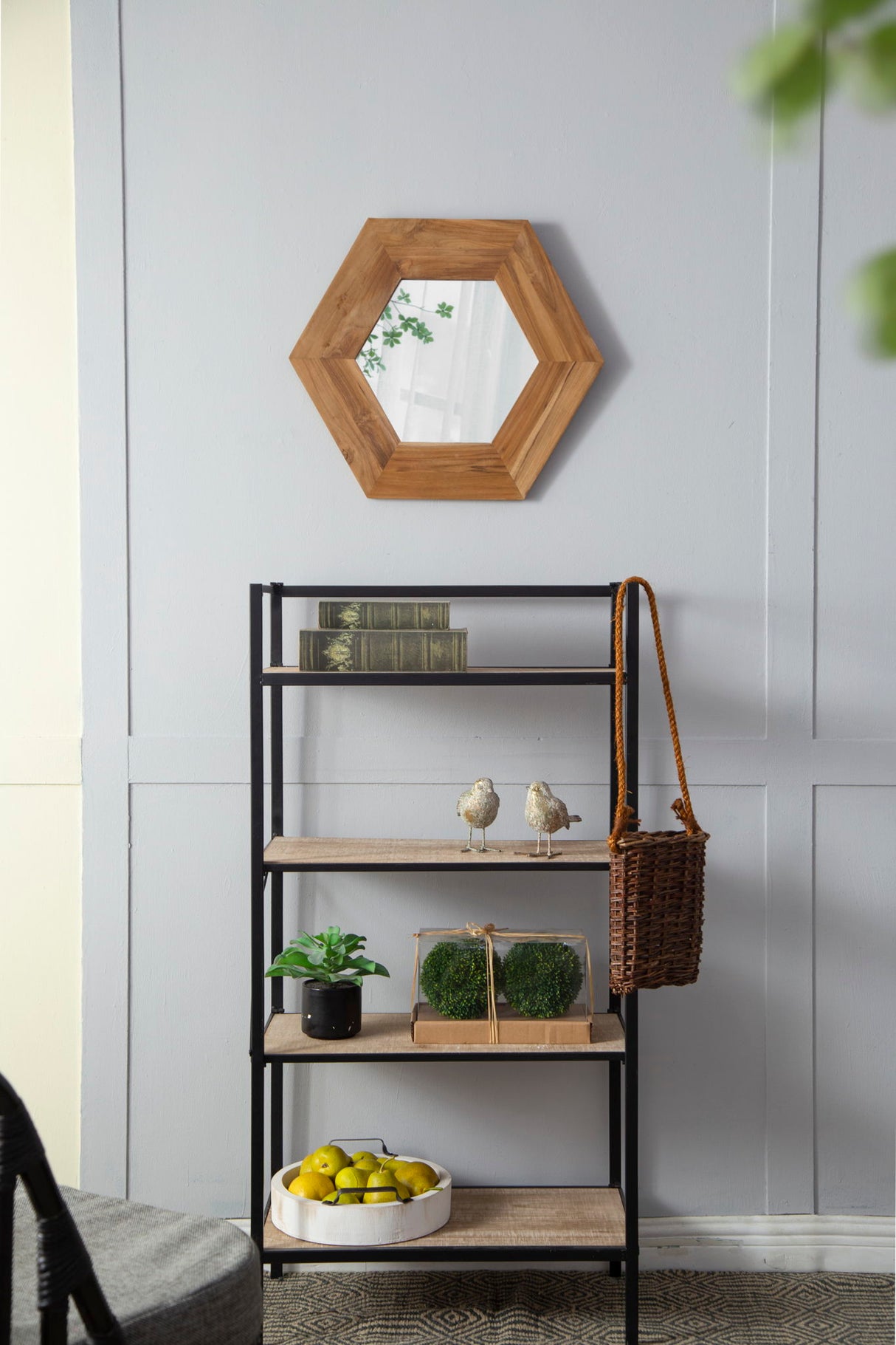 Hexagon Mirror With Natural Wood Frame