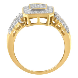 10K Yellow Gold Round and Baguette-Cut Diamond Cluster Ring (1.0 Cttw, I-J Color, SI1-SI2 Clarity) - Size 7