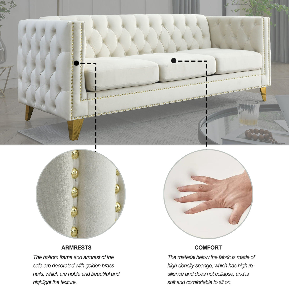 Upholstered Couch Sofa With Button Tufting For Living Room