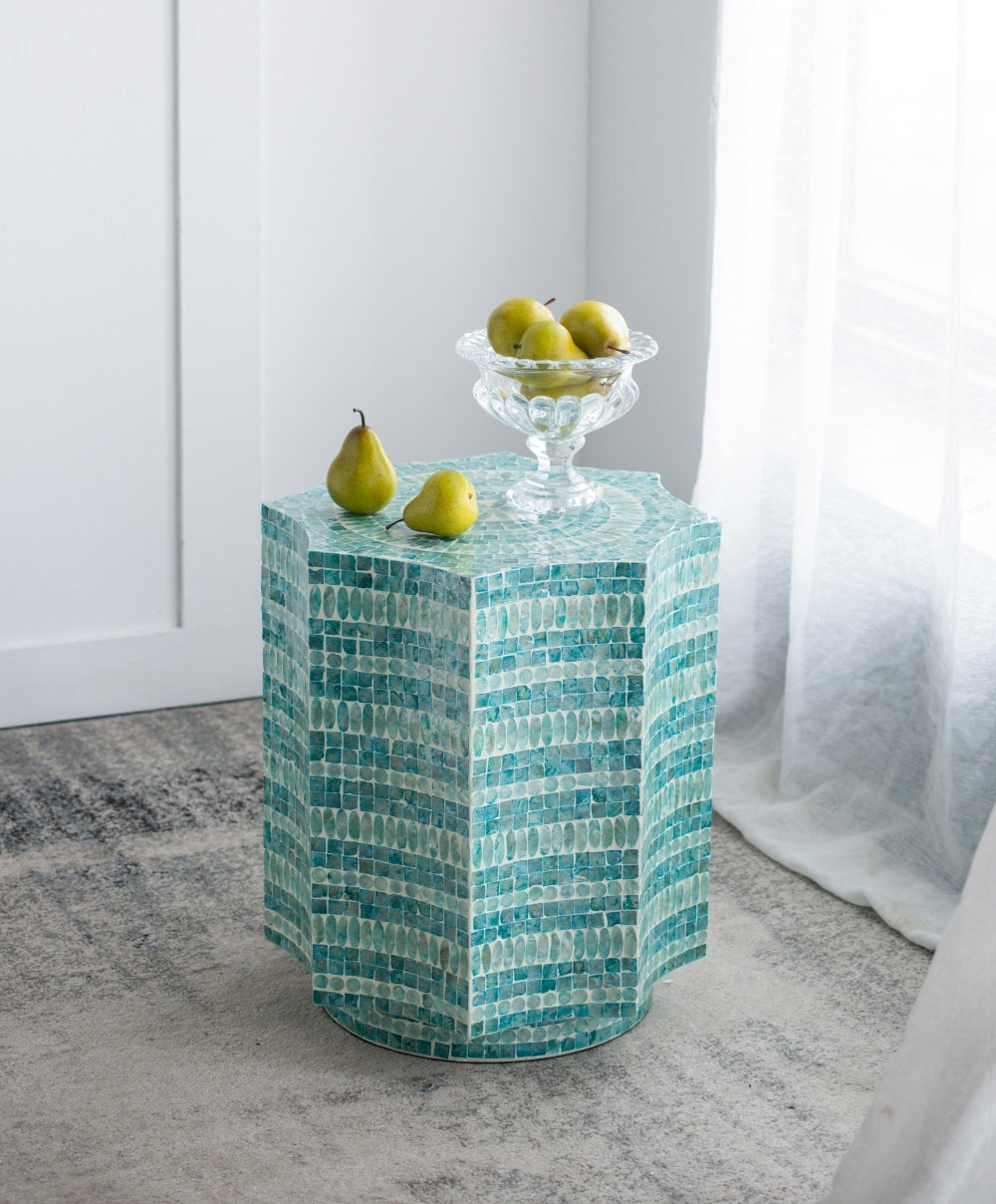 17x17x20'-Stool-with-Capiz-Design,-Blue-Multi-Side-Tables