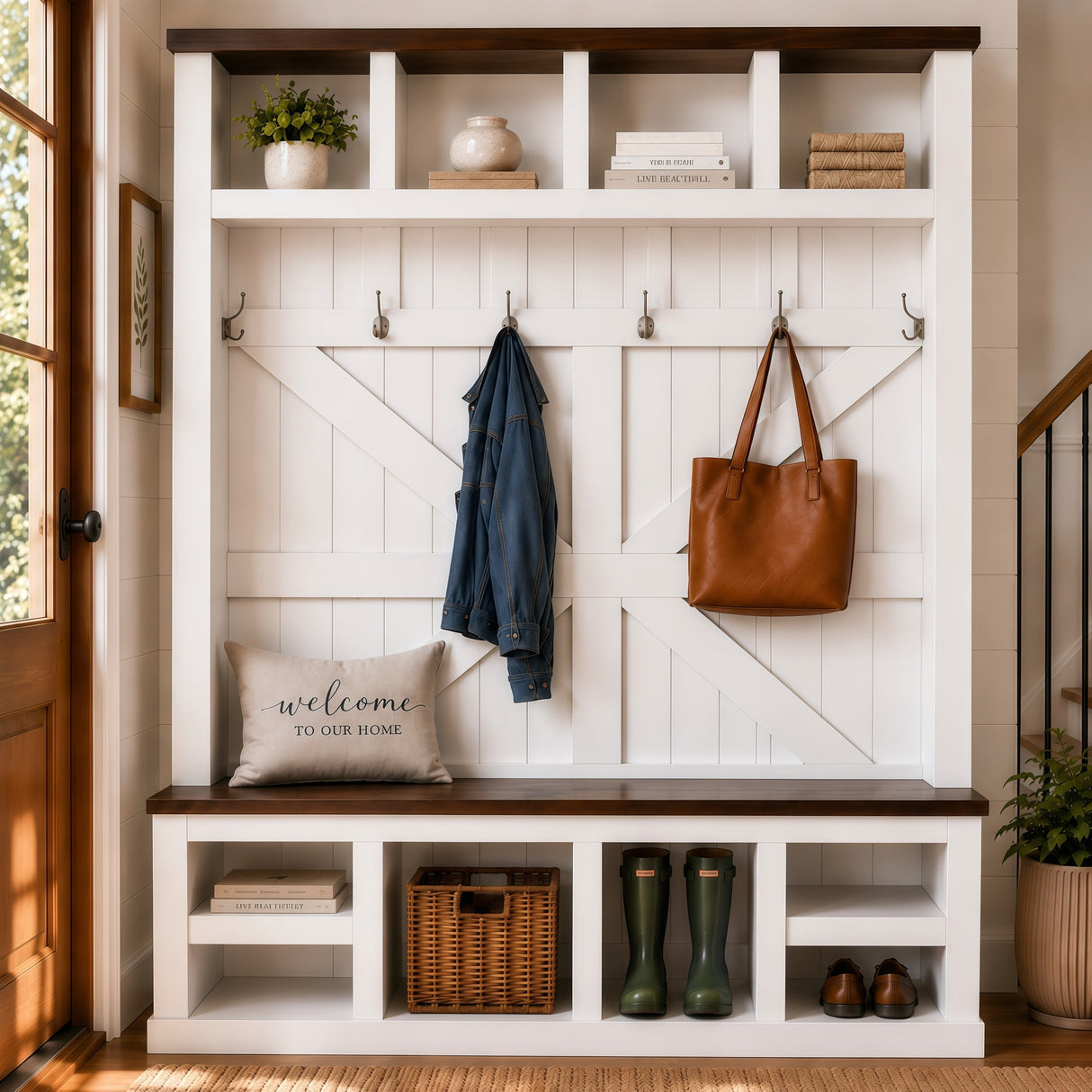 Farmhouse Hall Tree with Bench and Shoe Storage