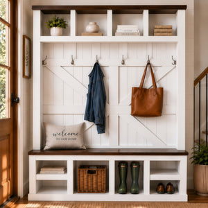 Farmhouse Hall Tree with Bench and Shoe Storage