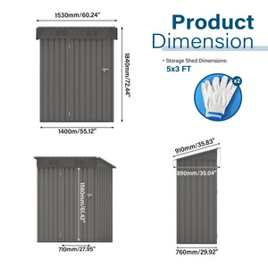 5 X 3 Ft Durable Metal Shed Outdoor Storage Shed With Pitched Roof And Lockable Door - Gray