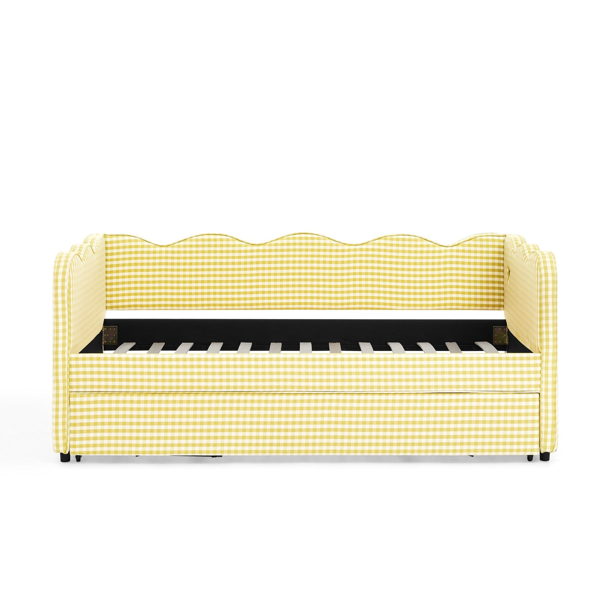 Cozy Gingham Daybed with Trundle Twin Size Sofa Bed No Box Spring Needed, with USB Port and Adorable Wave Shaped, Linen Fabric