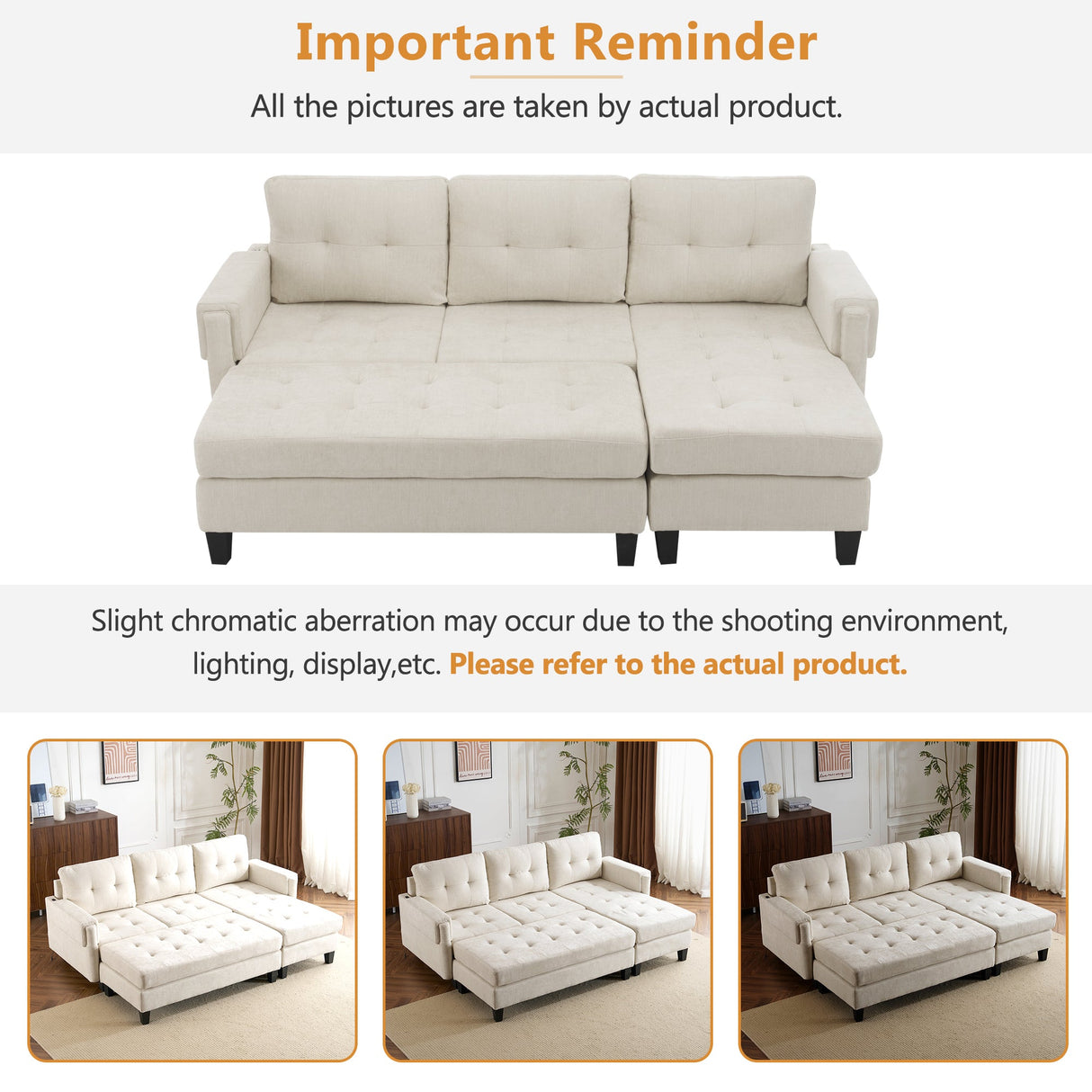 The Ashely Reversible Chenille Sectional Sofa with USB Charging Ports and Convertible Ottoman