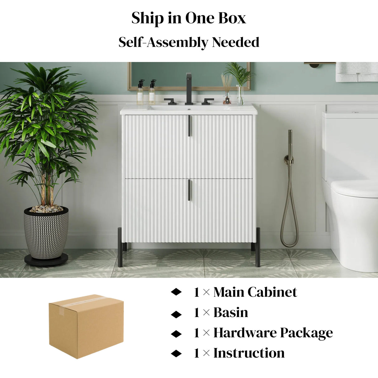 White Fluted Bathroom Vanity with Ceramic Sink and Soft Close Drawers