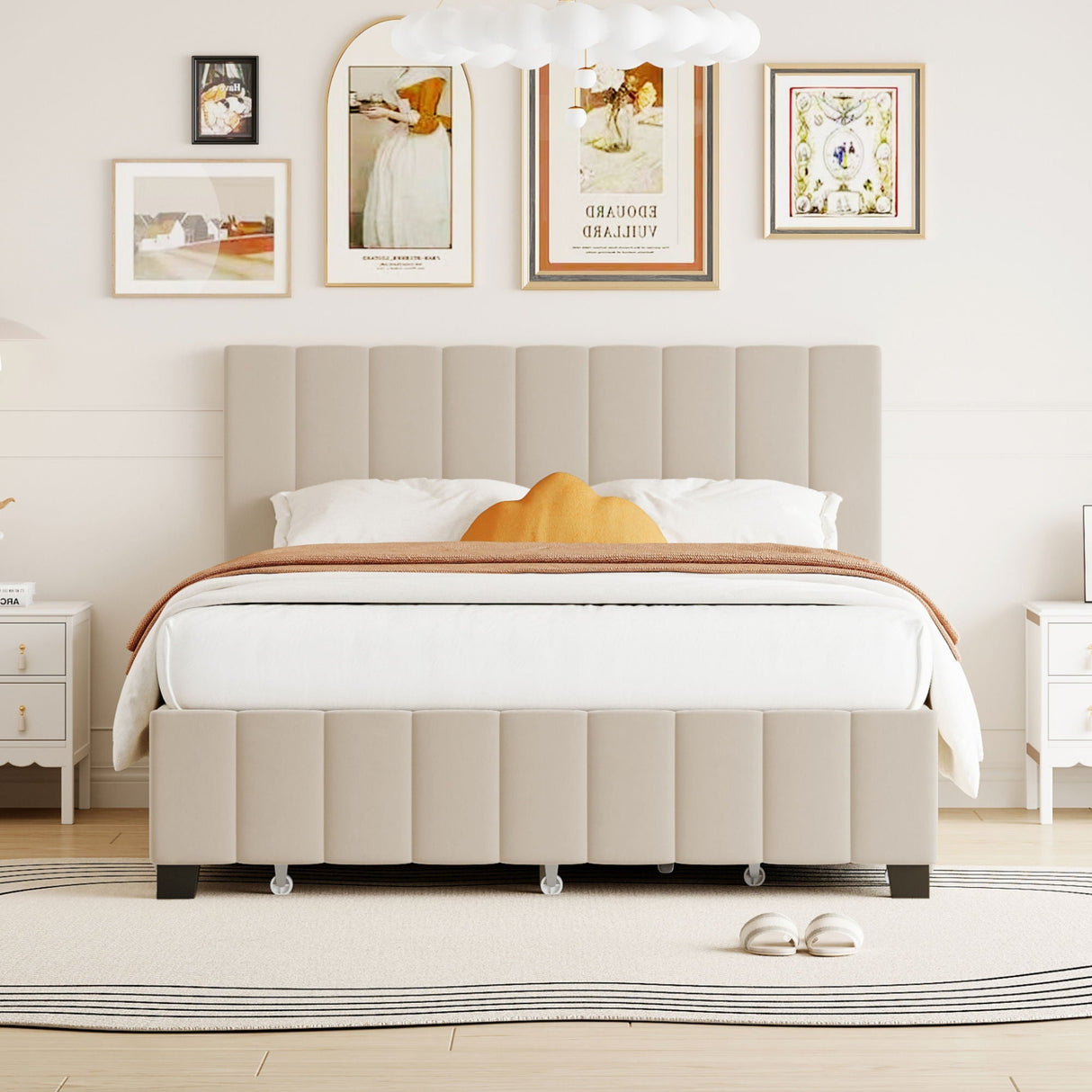 Platform Upholstered Bed with 2 Drawers and Twin Long Trundle