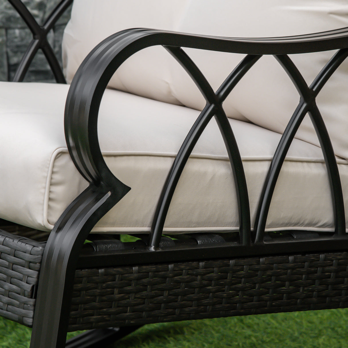 Outdoor wicker rocking chair with padded cushions, aluminum furniture rattan porch rocker chair w/ armrest