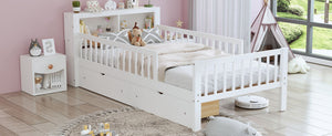 Bed With Headboard Storage Rack, 2 Under Bed Drawers, 3 Side Guardrails For Safety