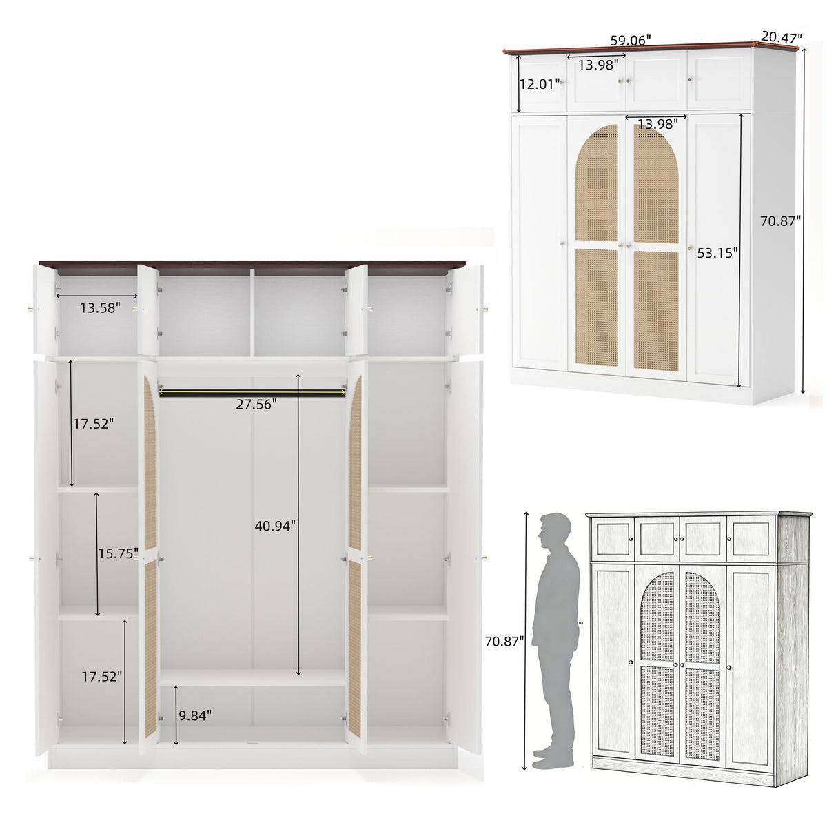 8 Door Armoire Wardrobe with Adjustable Shelves and Hanging Rod - Light Brown or White