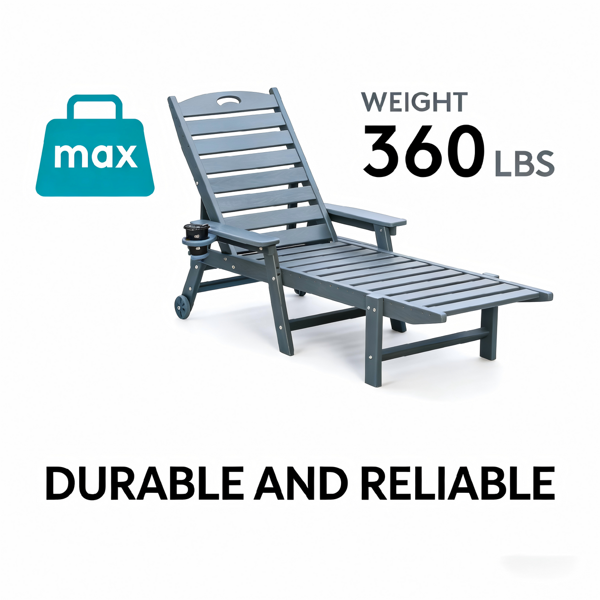 HDPE Chaise Lounge Chair Outdoor, Pool Lounge Chairs with 4-Position Adjustable Backrest, Supports Up to 360 LBS for Patio Poolside Deck Beach Backyard (grey)