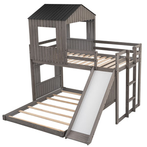 Loft Bunk Bed With Playhouse, Farmhouse, Ladder, Slide And Guardrails