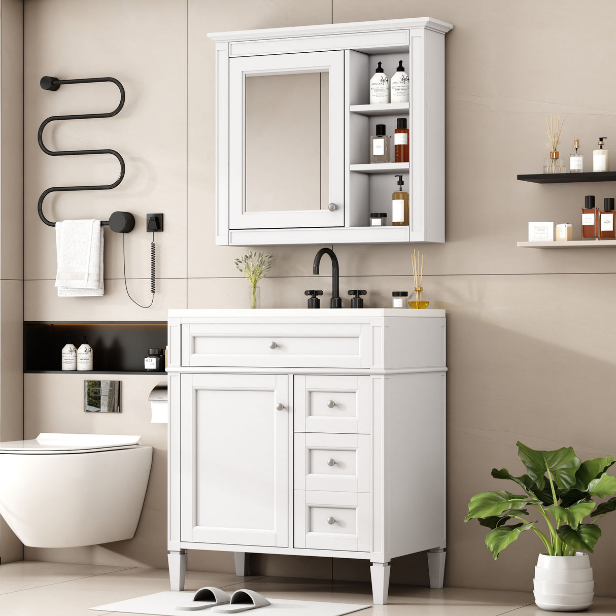 Bathroom Vanity With Top Sink, Storage Cabinet, And Mirror Cabinet