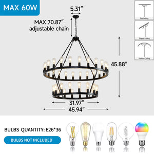 47.24 Inch Matte Black Wagon Wheel Chandelier with 36 Lights