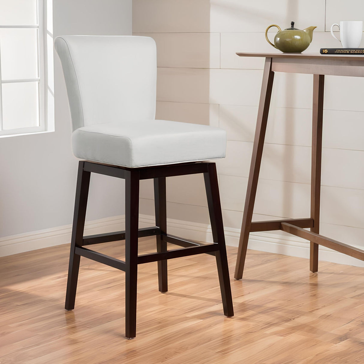 Quicksilvered - Upholstered Swivel Counter Stool With Wood Legs - Beige