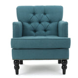 Harrison Tufted Club Chair with Plush Cushion and Studded Trim in Dark Teal Linen, 28 x 31.75 x 35 inches