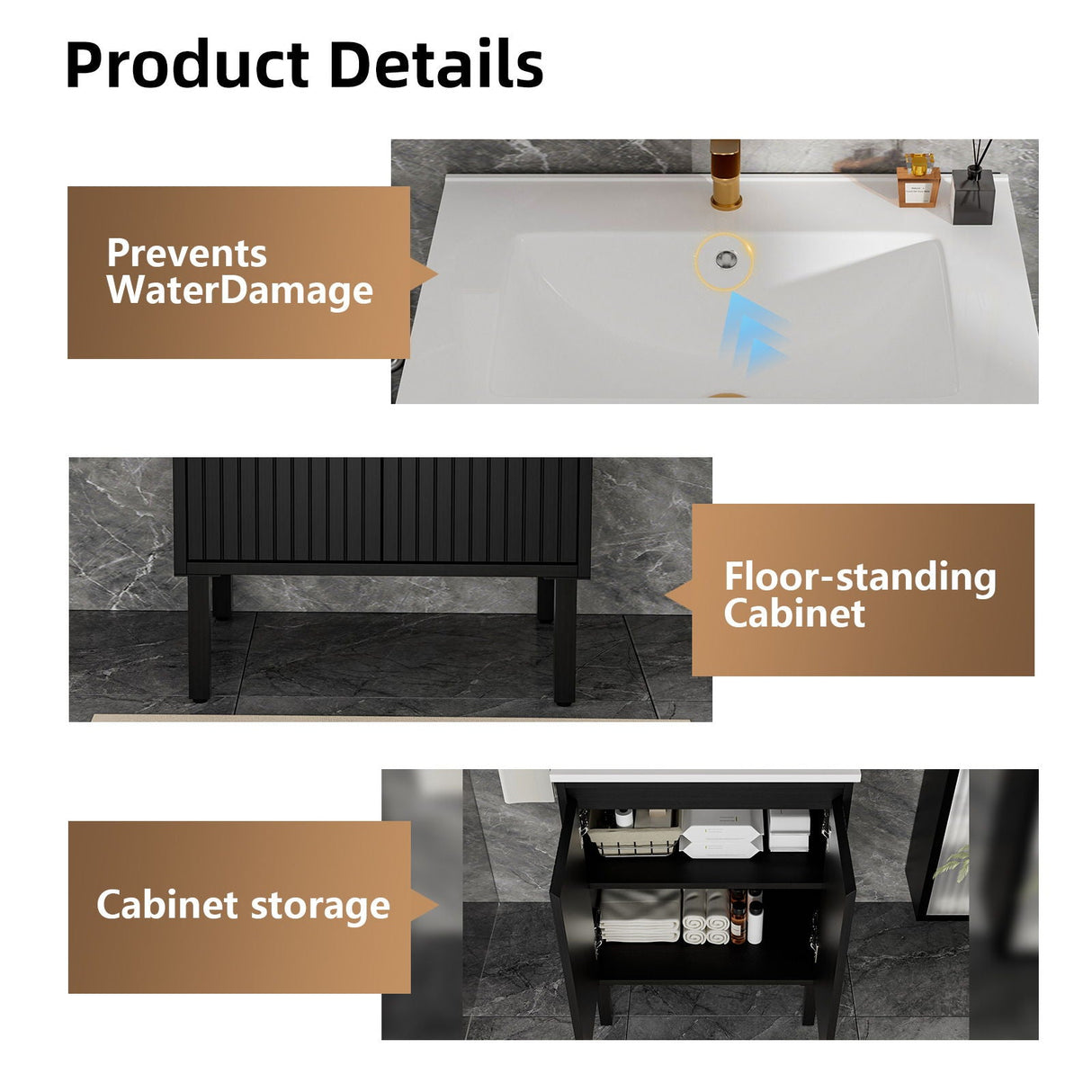Bathroom Vanity With Ceramic Sink, Floor-Standing Design, Soft-Closing Drawers