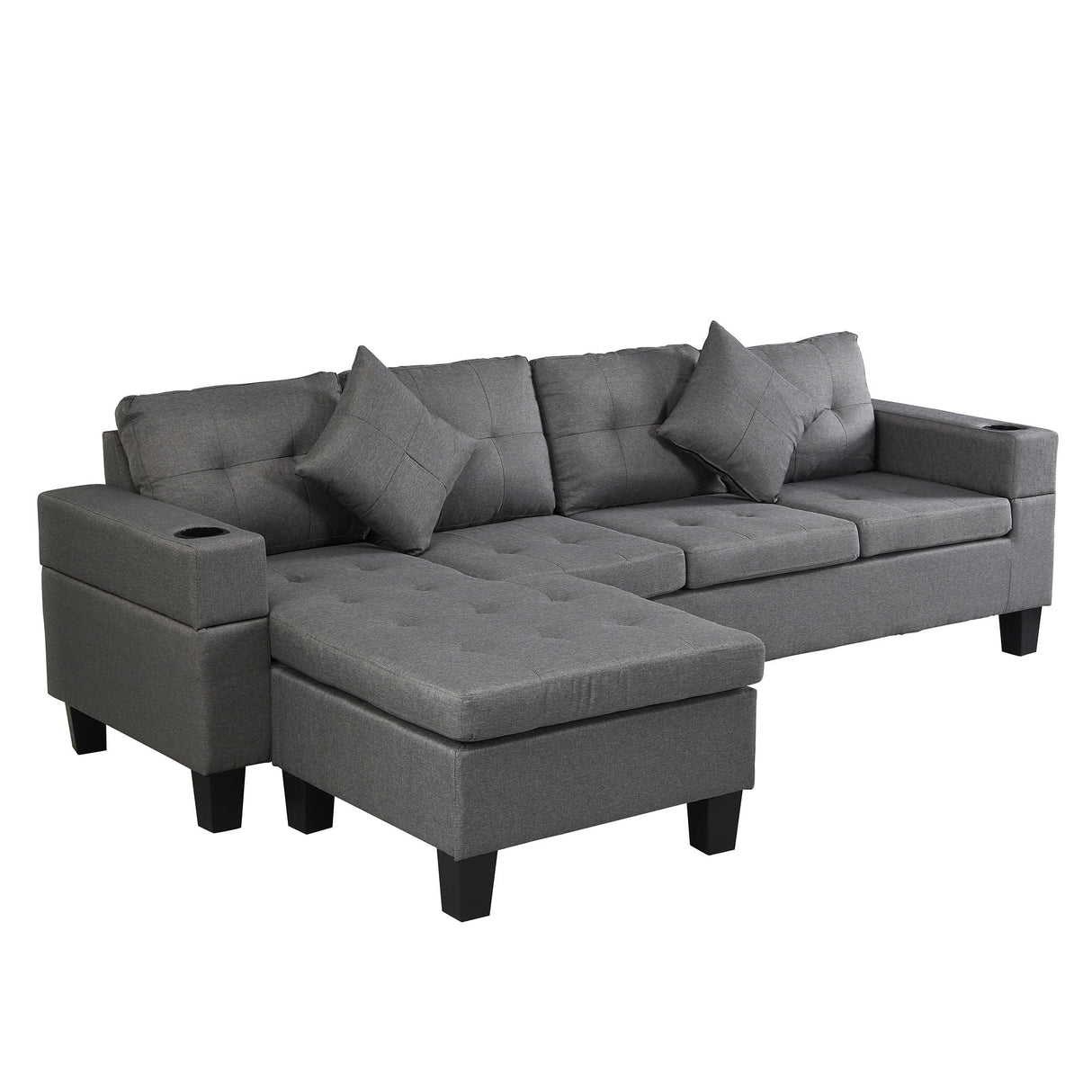 Modern Sectional Sofa Set With L Shape Chaise Lounge, Cup Holder, 4 Seat - Gray