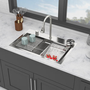 Drop In Waterfall Kitchen Sink with Pull-Out Faucet & Cup Washer - Gray or Black
