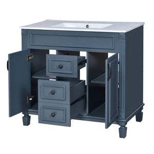 36" Bathroom Vanity With Top Sink, Basin On Cabinet With 2 Soft Closing Doors And 2 Drawers - Blue