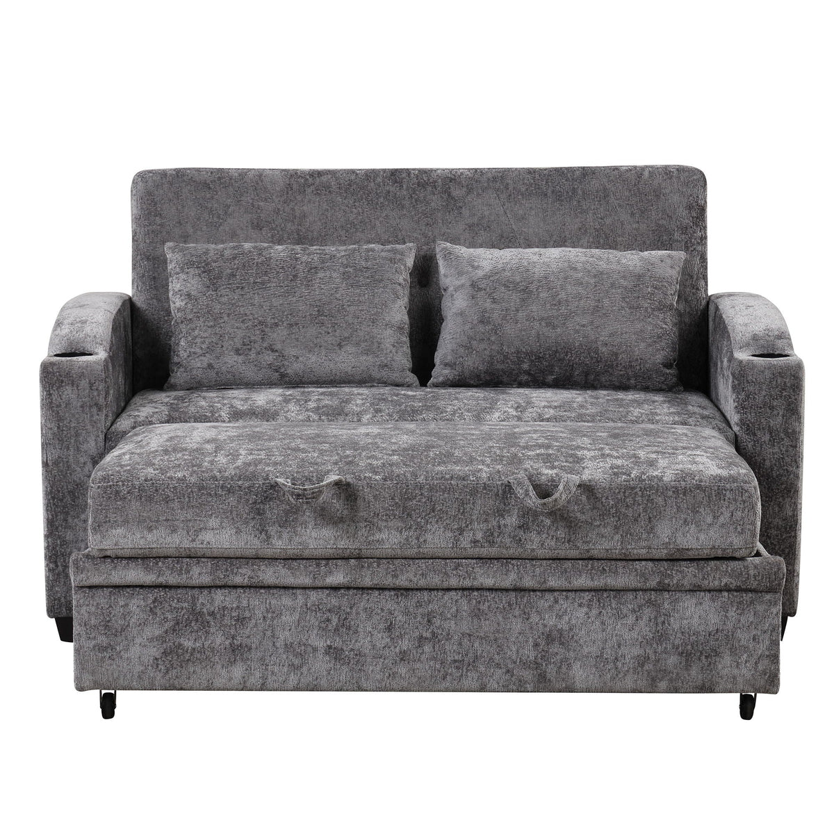 Pull Out Loveseat Sofa With Adjsutable Backrest, 2 Pillows, Cup Holders, USB Ports For Living Room
