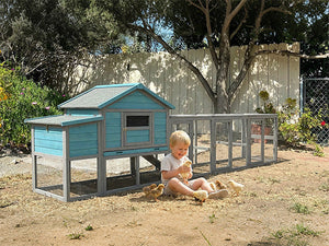 141" Large Wooden Chicken Coop with Nesting Box and Wire Fence - Blue-Gray