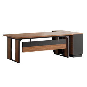 L-Shaped Executive Desk With File Cabinet, Office Computer Desk With Drawers & Open Shelves, Workstation For Home Office - Brown / Black
