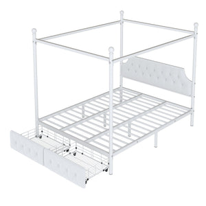 Queen Size Canopy Platform Bed With Upholstered Headboard And 2 Storage Drawers - White