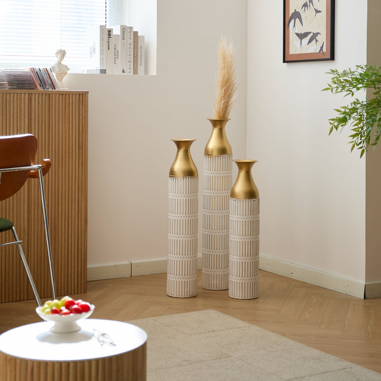 Floor Metal Vases Set of 3 - White with Gold Accents
