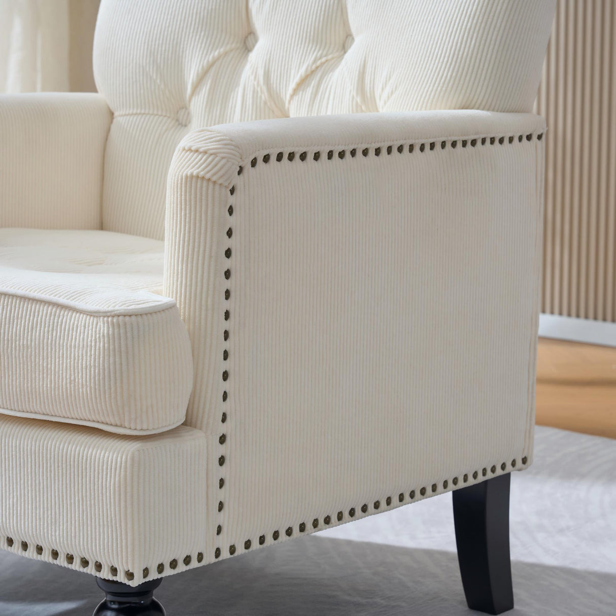 Tufted Club Chair, Upholstered Accent Armchair in Beige Corduroy