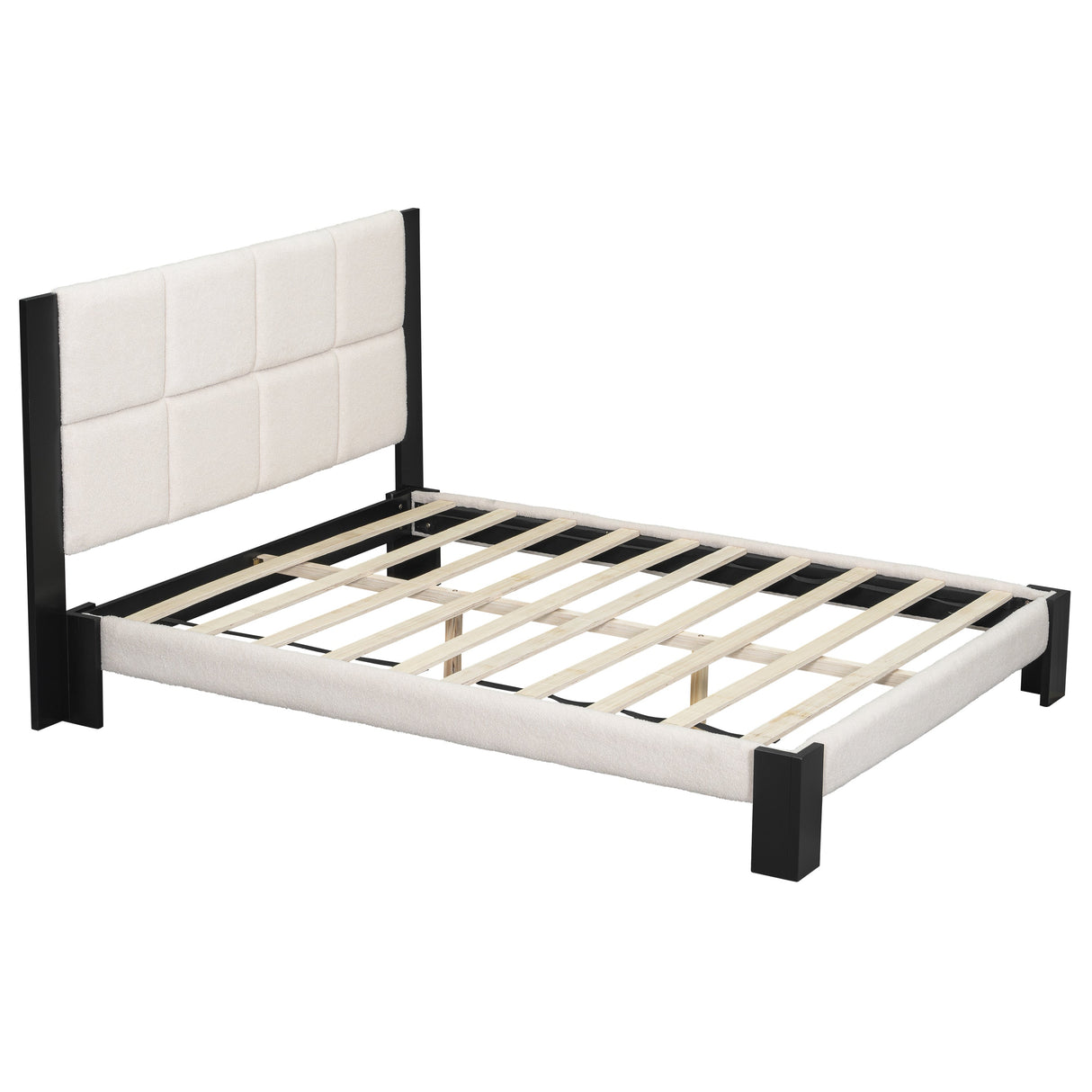 Boucle Queen Bed Frame With Square-Stitched Headboard