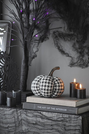 Plaid Fabric Pumpkin 7'' Black & White Halloween Decoration Accent