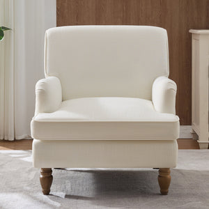 Vintage Upholstered Linen Fabric Armchair with Antique Solid Wood Legs