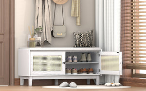 Boho Rattan Entryway Bench with Storage - MDF & Pine