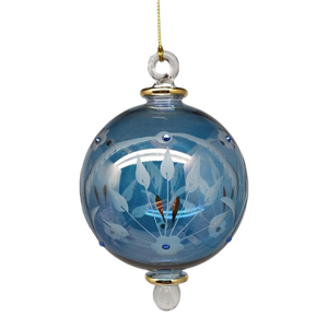 Etched Blown Glass Ball with Crystal Accents - Blue