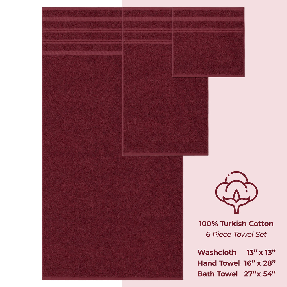 6 Piece 100% Cotton Turkish Bulk Bath Towels - Wholesale Premium Towel Sets - 10 Set Case Pack