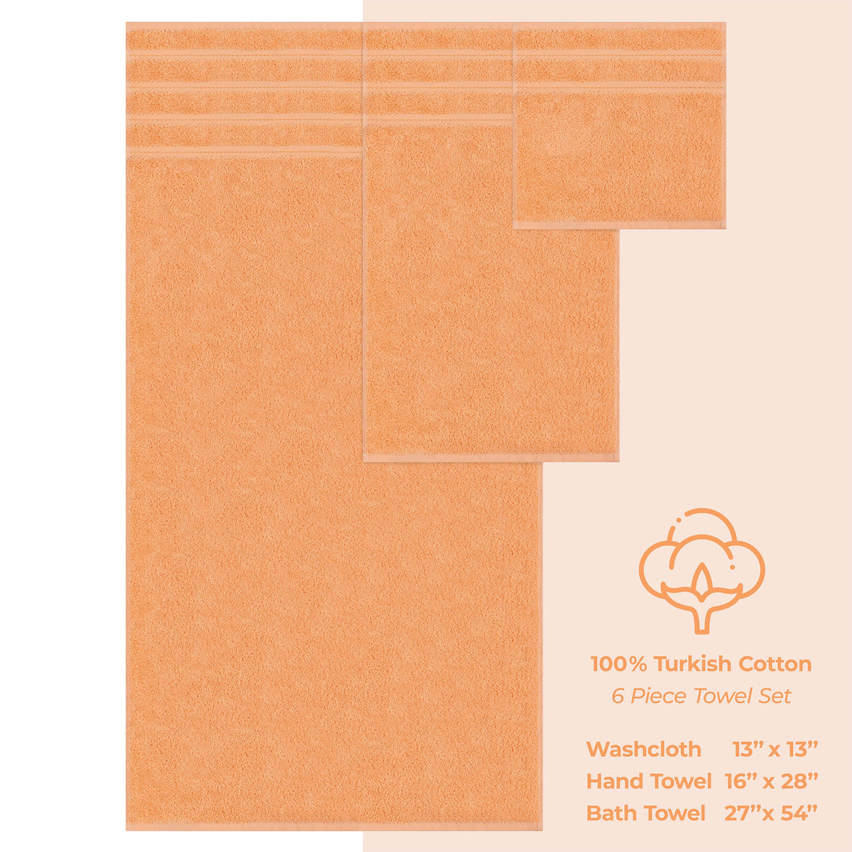 6 Piece 100% Cotton Turkish Bulk Bath Towels - Wholesale Premium Towel Sets - 10 Set Case Pack