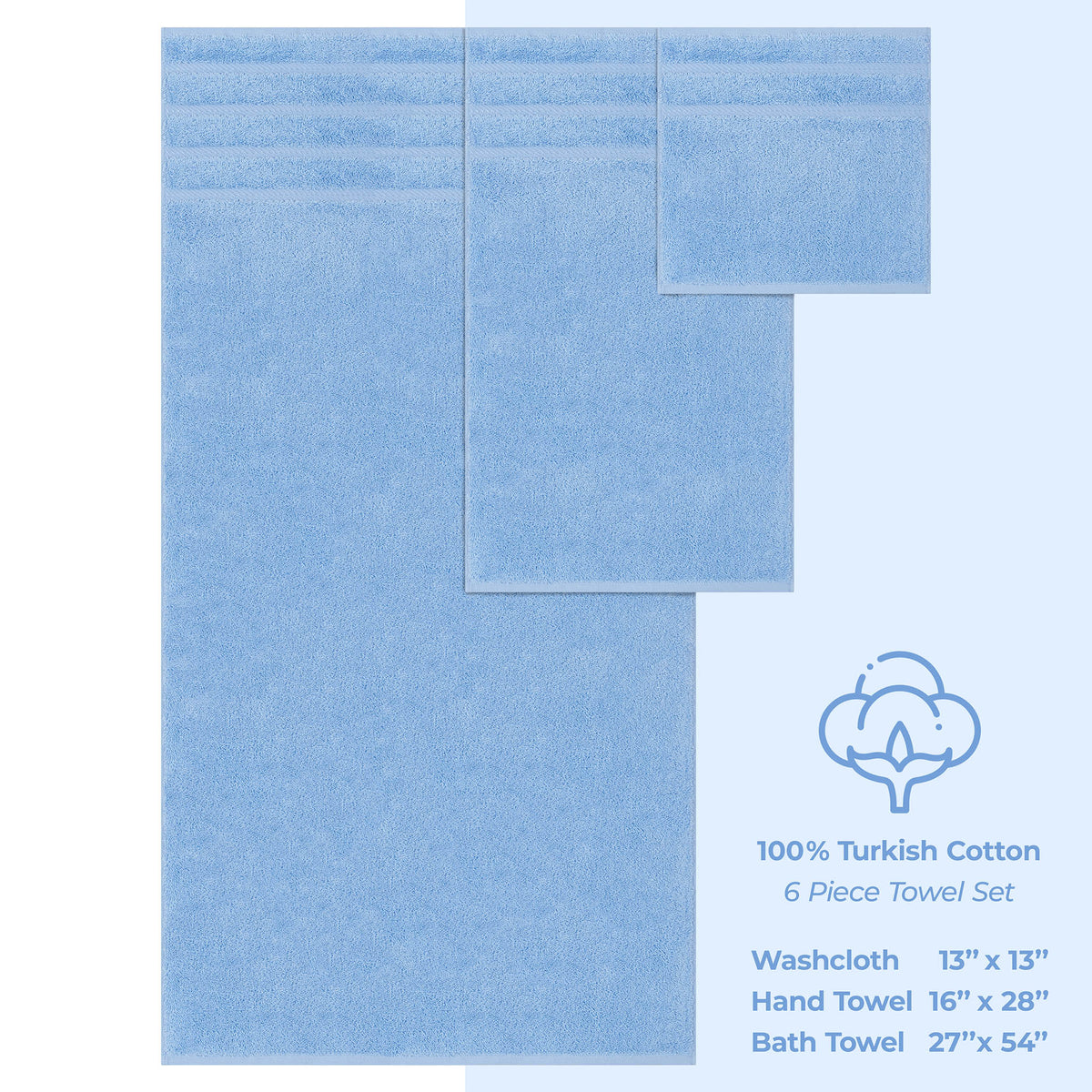 6 Piece 100% Cotton Turkish Bulk Bath Towels - Wholesale Premium Towel Sets - 10 Set Case Pack