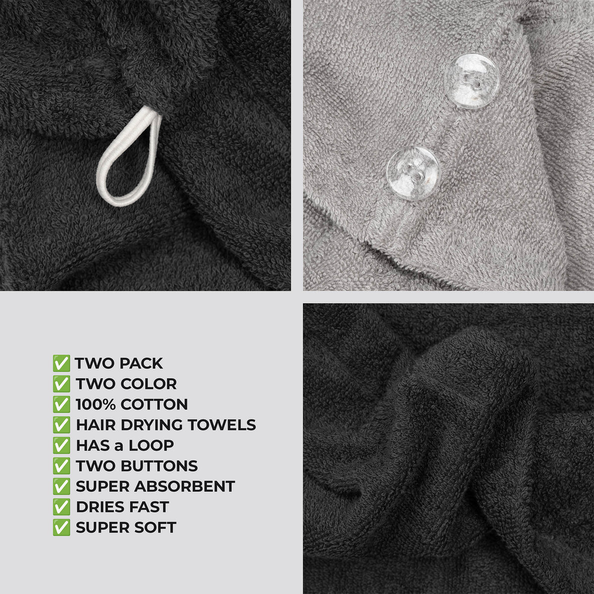 American Soft Linen 100% Cotton Hair Drying Towels for Women, 2 Pack Head Towel Cap - 75 Set Case Pack