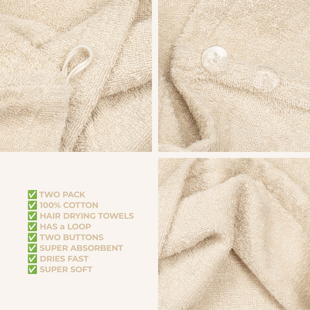 American Soft Linen 100% Cotton Hair Drying Towels for Women, 2 Pack Head Towel Cap - 75 Set Case Pack
