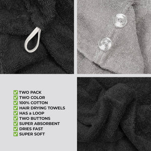 American Soft Linen 100% Cotton Hair Drying Towels for Women, 2 Pack Head Towel Cap