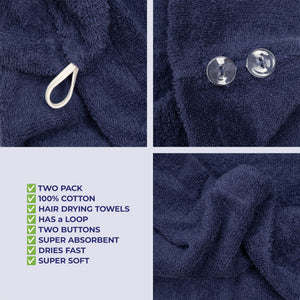 American Soft Linen 100% Cotton Hair Drying Towels for Women, 2 Pack Head Towel Cap