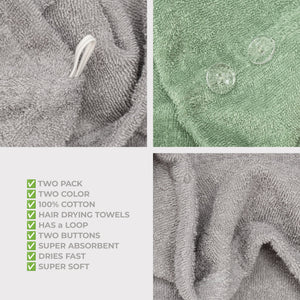 American Soft Linen 100% Cotton Hair Drying Towels for Women, 2 Pack Head Towel Cap