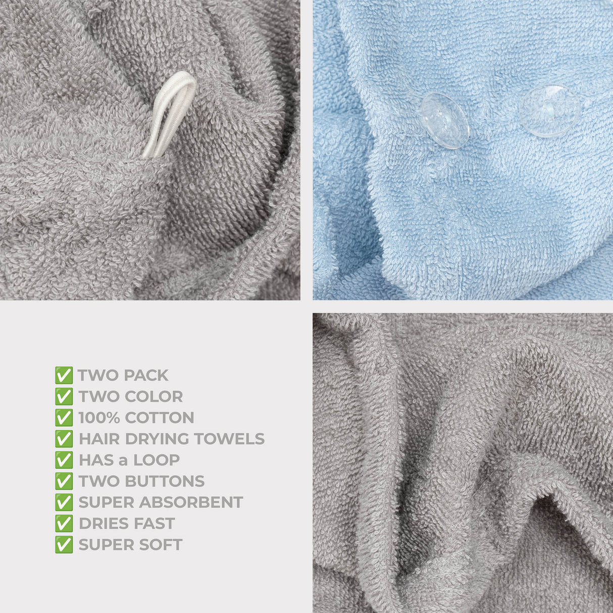 American Soft Linen 100% Cotton Hair Drying Towels for Women, 2 Pack Head Towel Cap