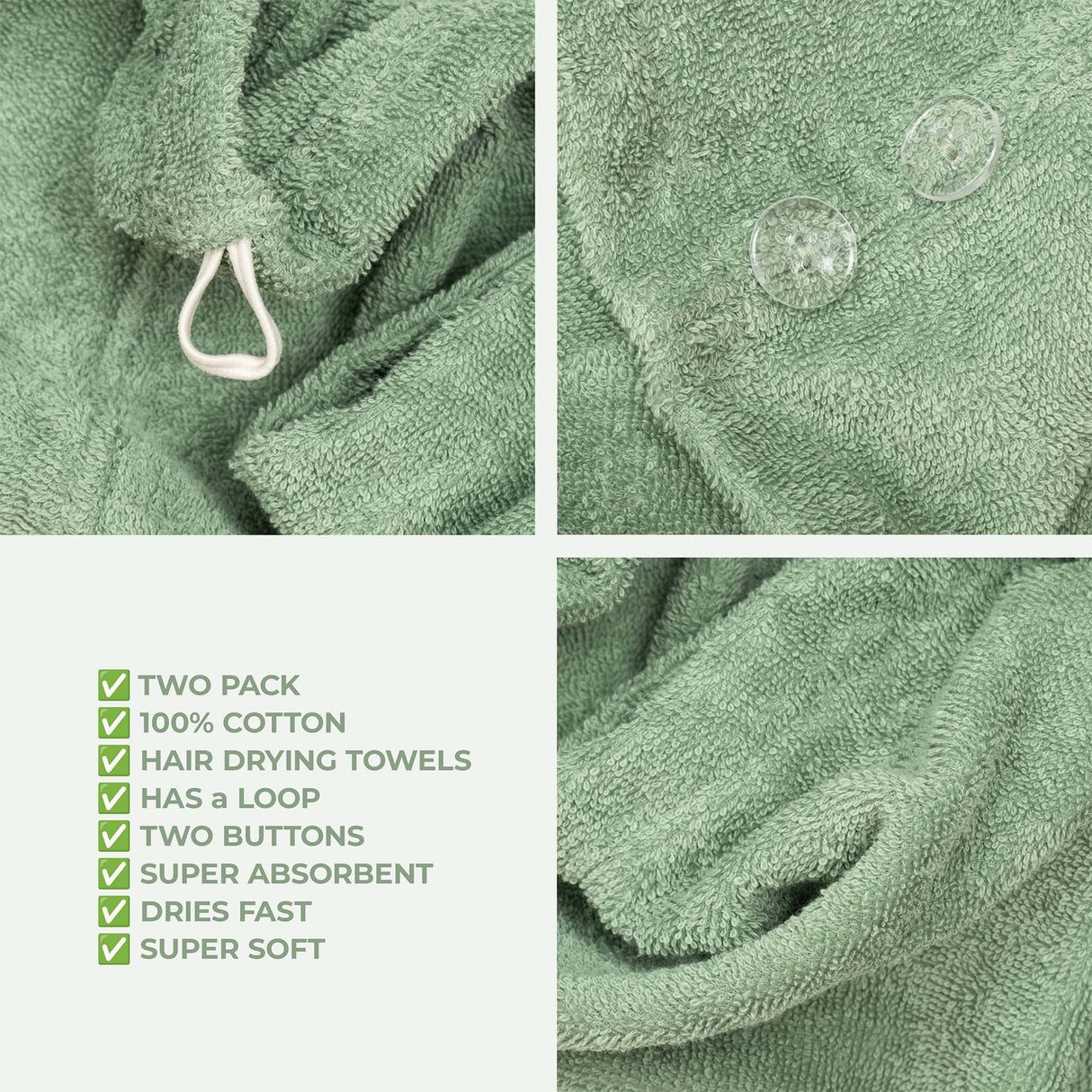 American Soft Linen 100% Cotton Hair Drying Towels for Women, 2 Pack Head Towel Cap