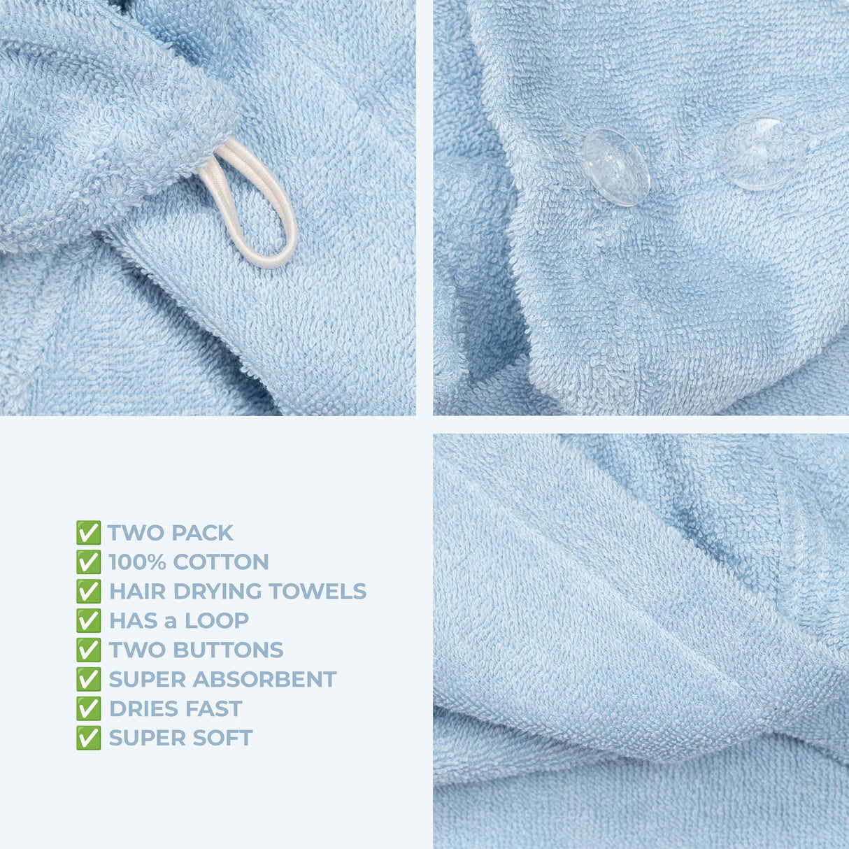 American Soft Linen 100% Cotton Hair Drying Towels for Women, 2 Pack Head Towel Cap