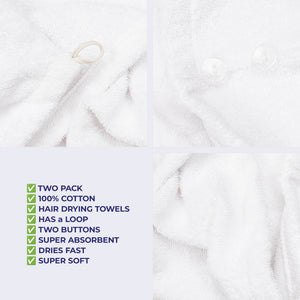 American Soft Linen 100% Cotton Hair Drying Towels for Women, 2 Pack Head Towel Cap